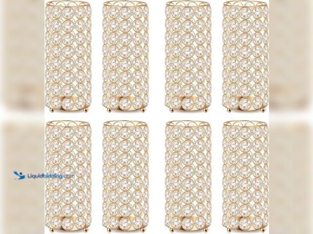 Lot 49-5437948 - 8 Pcs Gold Crystal Flower Vase and Pillar Candle Holder Set, 7.87" Metal Cylinder Stand for Wedding ...