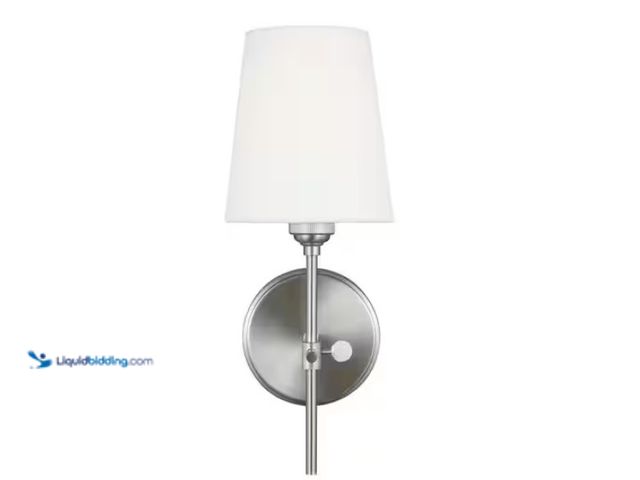 Lot 49-1622519 - Generation Lighting Baker 5.5 in. 1-Light Brushed Nickel Wall Sconce With White Linen Fabric Shade, ...