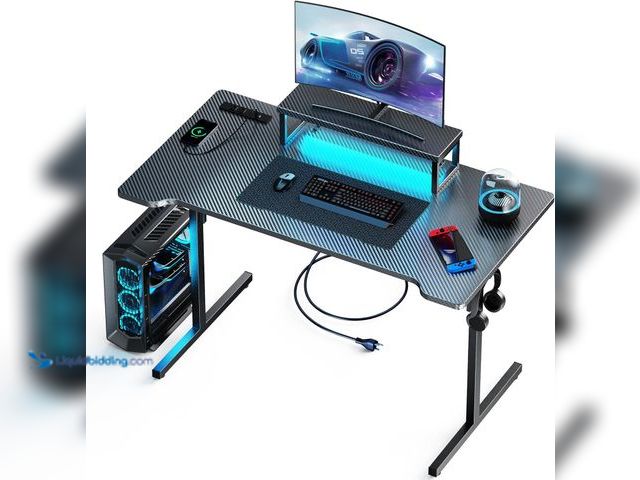 Lot 49-5416509 - Black Desks with LED Lights and Power Outlets, 55 Inch Computer Desk with Monitor Stand, Small Gamin...