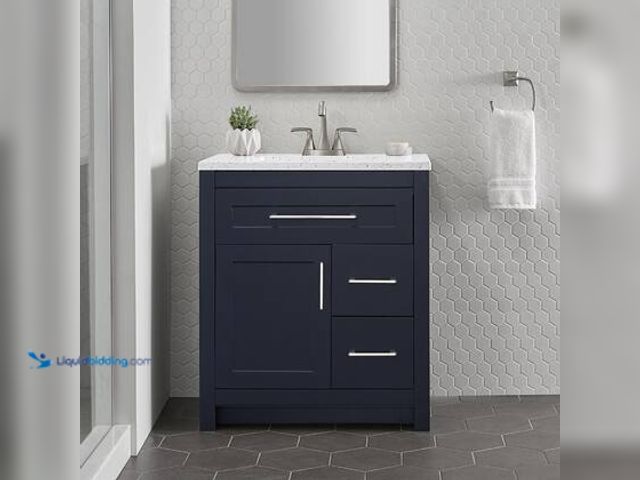 Lot 49-5558949 - Home Decorators Collection Clady 31 in. Single Sink Deep Blue Bath Vanity with Silver Ash Cultured M...