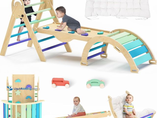 Lot 49-3514554 - Pikler Triangle Set with Cushion, Montessori Climbing Set, Indoor Climb Toys, Indoor Playground Jung...