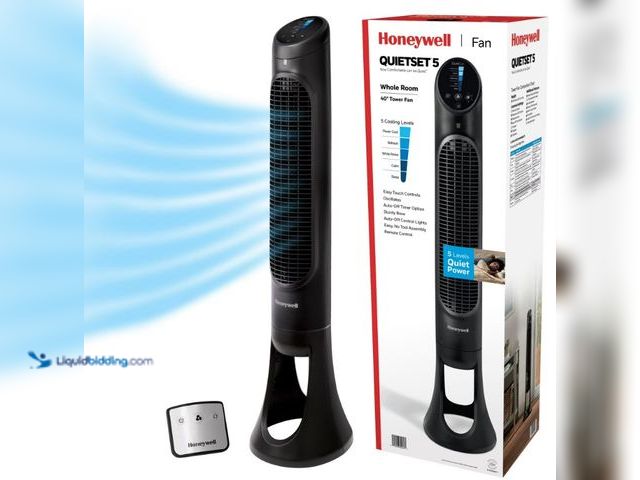 Lot 49-1625830 - Honeywell 40" Black Quiet Set Oscillating Tower Fan, 30ft Air Circulation Power, 5 Speed, Auto Off T...