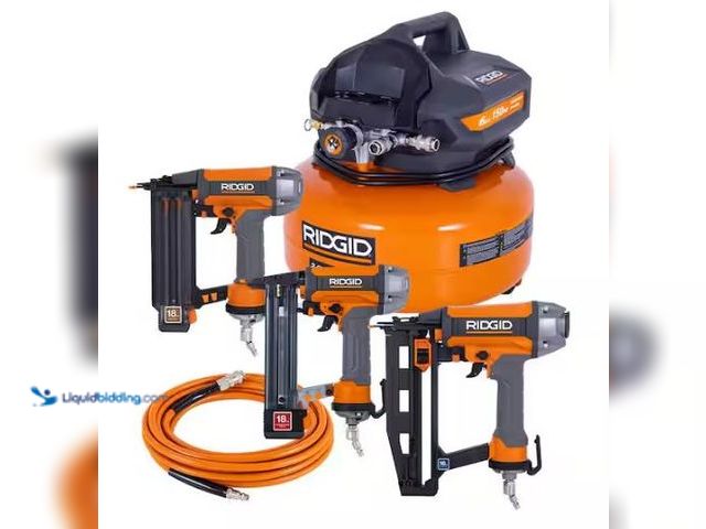 Lot 49-1569762 - RIDGID 6 Gal. 150 PSI Electric Air Compressor with 25 ft. Hose, 18GA Brad Nailer, 16GA Finish Nailer...