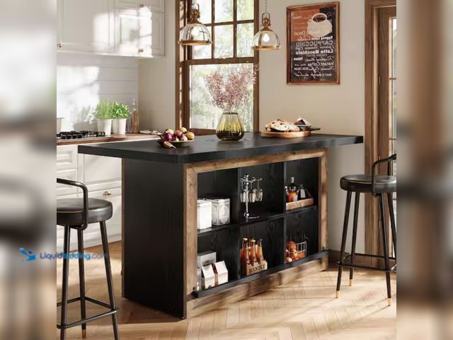 Lot 49-2000047 - BYBLIGHT Keenyah Black&Brown 62.6"W Farmhouse Kitchen Island with 6 Open Shelves, Counter Height Kit...