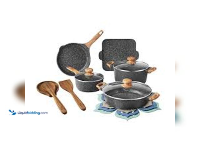 Lot 49-5544627 - The Pioneer Woman Prairie Signature 14-Piece Cast Aluminum Cookware Set, Charcoal. Model: PWS5427693...