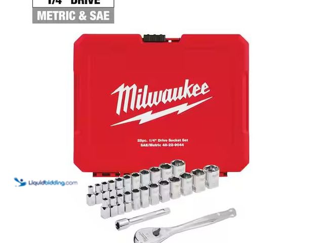 Lot 49-3600349 - Milwaukee 1/4 in. Drive SAE/Metric Ratchet and Socket Mechanics Tool Set (25-Piece) Model # 48-22-90...