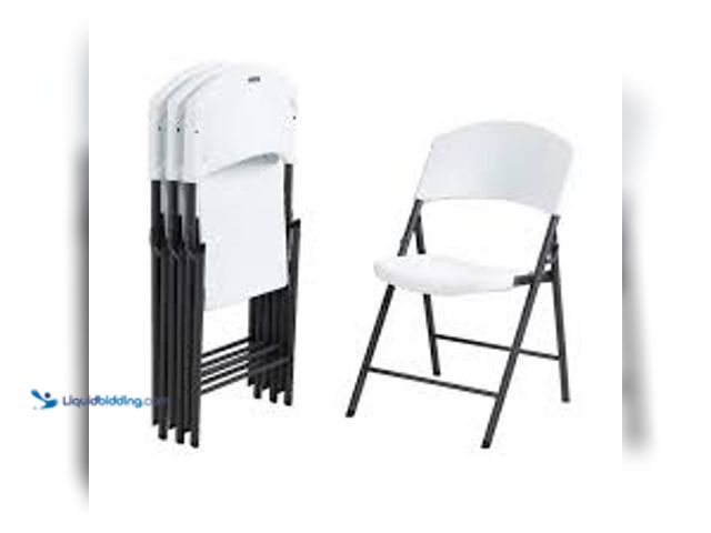 Lot 49-5415682 - Lifetime White Plastic Seat Metal Frame Outdoor Safe Folding Car Table Chair (Set of 4). Model # 428...