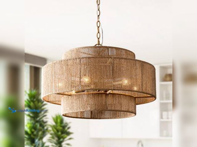 Lot 49-3563935 - Flint Garden Farmhouse 6-Light Gold 2-Tiered Chandelier with Woven Rope Shade for Living Room Bedroo...