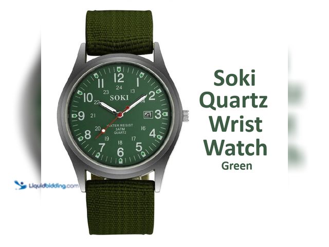 Lot 49-5492833 - SOKI Quartz Wrist Watch with Date Display and Nylon Strap - Green - Featuring quartz movement, lumin...