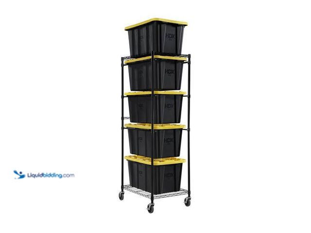 Lot 49-2024500 - HDX Steel Wire Garage Storage Bin Rack with Casters for 27 Gal. Tough Totes in Black (22 in. W x 69 ...