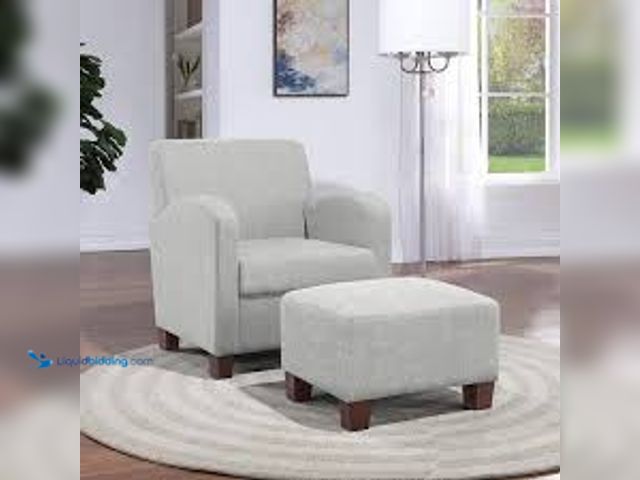Lot 49-5471442 - OSP Home Furnishings Aiden Chair and Ottoman Herringbone Smoke with Medium Espresso Legs. Model # AD...