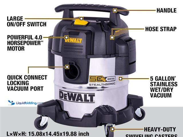 Lot 49-5448456 - DEWALT 5 Gal Stealthsonic Shop Vacuum Wet and Dry, Ultra-Quiet Stainless Steel Shop Vac. Model: DXV0...