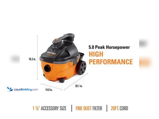 Lot 49-5554176 - 4 Gal. 5.0 Peak HP Portable Shop Vacuum Wet Dry Vac with Fine Dust Filter, 14 ft. Locking Hose and A...