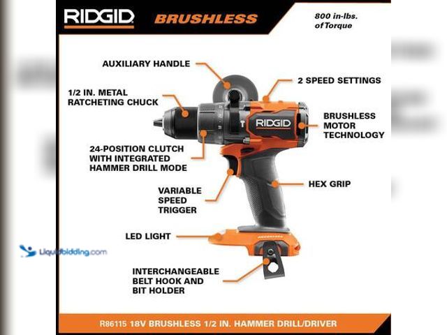 Lot 49-5554197 - RIDGID 18V Brushless Cordless 1/2 in. Hammer Drill/Driver Kit  and Tool Bag Model # R86115K Unused N...