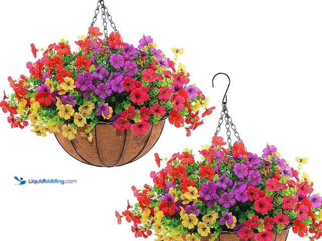 Lot 49-1521057 - Hananona 2 Set Artificial Outdoor Flowers with Hanging Basket, 2 Hanging Planters with 24 Pcs Flower...