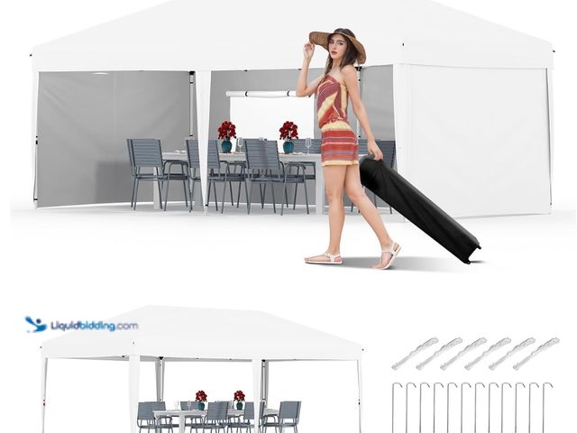 Lot 49-3465269 - 10x20 Heavy Duty Pop Up Canopy with 4 Removable Sidewalls - Easy UP Outdoor Canopy Tent with Portabl...