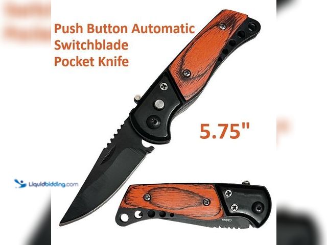 Lot 49-5492880 - Mini Push Button Automatic Switchblade Pocket Knife 5.75" with Wood Handle and Black Stainless Steel...