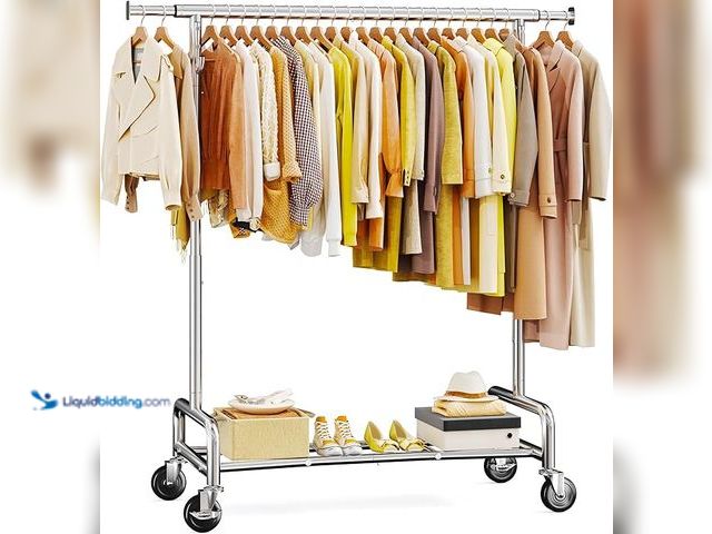 Lot 49-3472603 - Raybee 75" W Heavy Duty Clothes Rack Load 450 LBS, Metal Garment Storage with Shelf, Lockable Wheels...