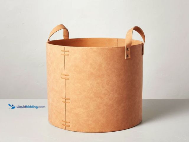Lot 49-2001365 - Large Faux Leather Storage Bin in Camel Brown – Hearth & Hand with Magnolia, Model # 191908932231, U...