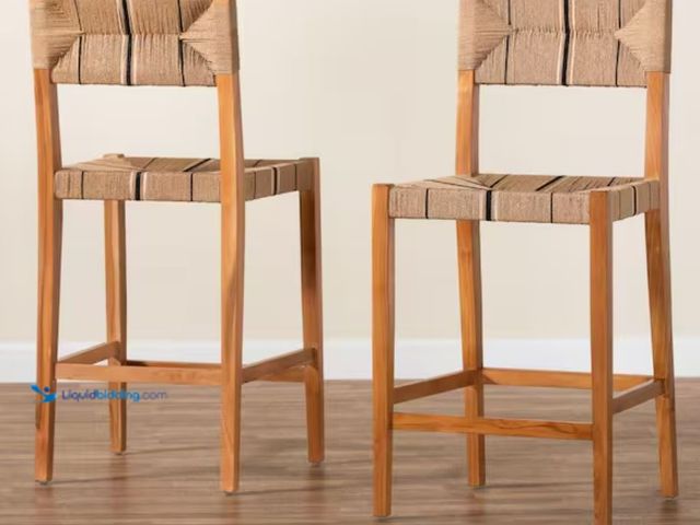 Lot 49-1623899 - Set of (2) bali & pari Prita 29.2" Natural Brown Wood Bar Stool with Woven Seat, Model # 249-13879-H...