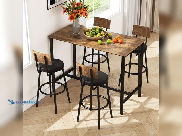 Lot 49-3536606 - Bar Table with 4 Chairs Set ASIN:B0CZ95P18K Item is used with hardware, scuffs, small chips