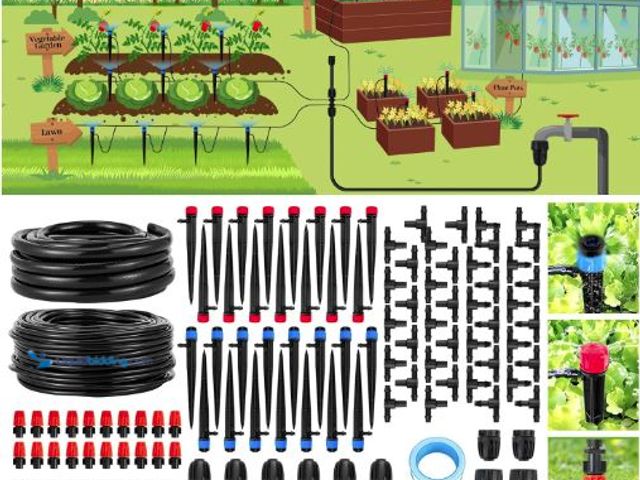 Lot 49-5436492 - 240FT Drip Irrigation System,Automatic Drip Irrigation Kit with 1/2 inch Hose 1/4 inch Distribution ...