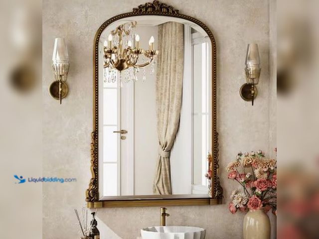 Lot 49-1569514 - XRAMFY Antique Gold 28 in. W x 40 in. H Arched Modern Polyurethane Framed with Decoration Antique Va...