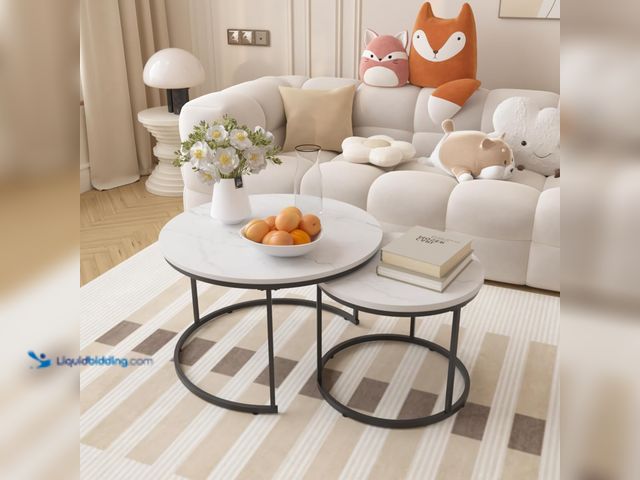 Lot 49-5476424 - Elegant 27.6inch Round Nesting Coffee Table Set with Wood Marble Top & Metal Frame. Model #B0FMRJ3JK...