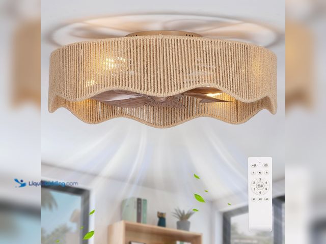Lot 49-5552272 - 22" Boho Flush Mount Caged Ceiling Fans with Lights, Rustic Rattan Low Profile Ceiling Fans with Lig...