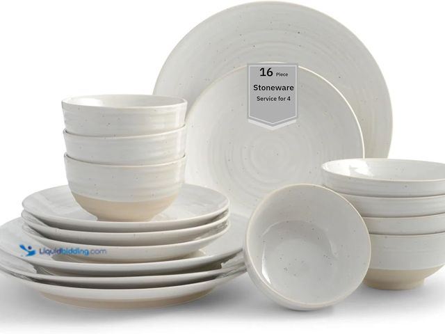 Lot 49-5463306 - Sango Siterra 16-Piece Rustic White Stoneware Dinnerware Set – Service for 4, White with Glossy Spec...