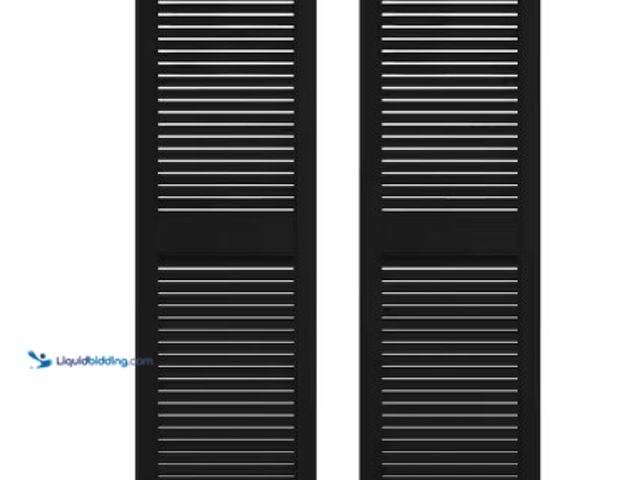 Lot 49-2004149 - Builders Edge 14.5 in. x 72 in. Louvered Vinyl Exterior Shutters Pair in Black, Model # 010140072002...