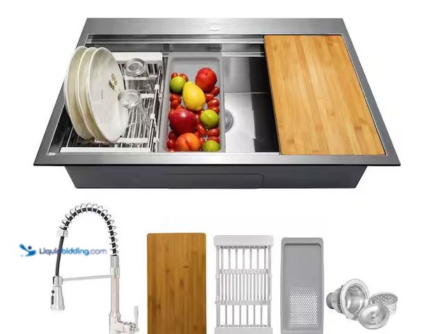 Lot 49-1568442 - AKDY Handmade All-in-One Top mount Stainless Steel 33 in. x 22 in. Single Bowl Kitchen Sink w/ Sprin...