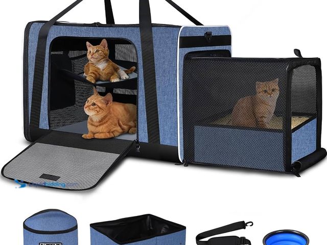 Lot 49-3563855 - Petskd Side Expandable Extra Large Cat Carrier with Litter Box Area, 24"x17"x17" Soft-Sided Pet Carr...