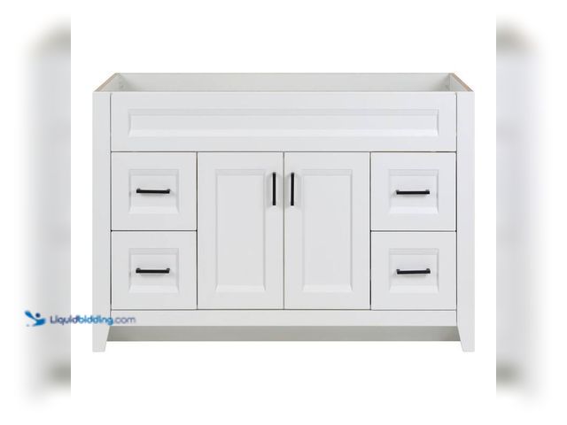 Lot 49-5406282 - Ridge 36 in. W x 22 in. D x 34 in. H Bath Vanity Cabinet without Top in White, Used, Drawers need re...