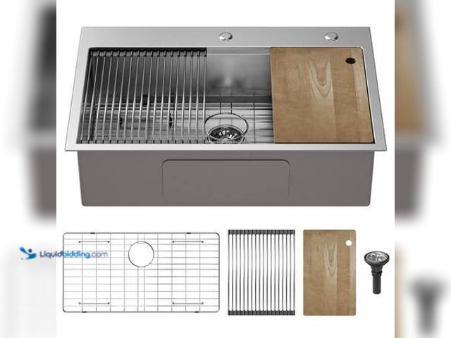 Lot 49-5541552 - QATSPACE DESIGNS INC 33 in. Drop-In/Undermount Single Bowl 16 Gauge Silver Stainless Steel Kitchen S...