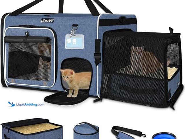 Lot 49-5544507 - GREY Petskd Side Expandable Extra Large Cat Car Carrier with Collapsible Litter Box for Long Distanc...