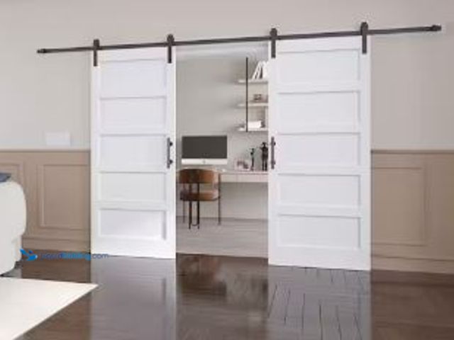 Lot 49-1621846 - Ease life 72 in. x 84 in. (Double 36 in. Doors) 5-Panel Solid MDF White Finished Interior Sliding Ba...