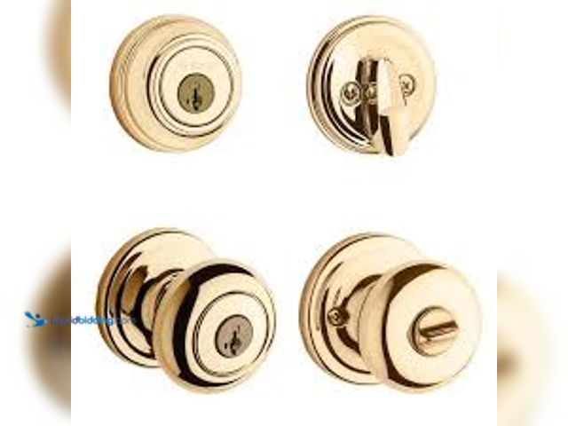 Lot 49-5458911 - Juno Polished Brass Exterior Entry Door Knob and Single Cylinder Deadbolt Combo Pack Featuring Smart...