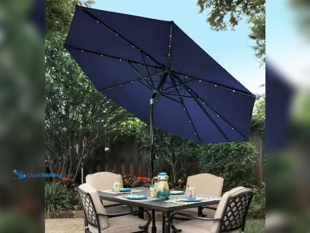 Lot 49-2026109 - Sun-Ray 9 ft. Steel Round Market Solar Lighted Patio Umbrella with 8-Rib, 32-LED in Navy, Model # 84...