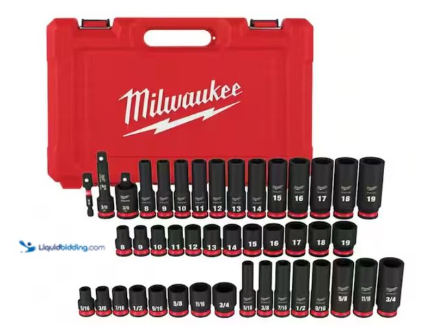 Lot 49-1567868 - (43-Piece) Milwaukee SHOCKWAVE 3/8 in. Drive SAE and Metric 6 Point Impact Socket Set, Model # 49-66...