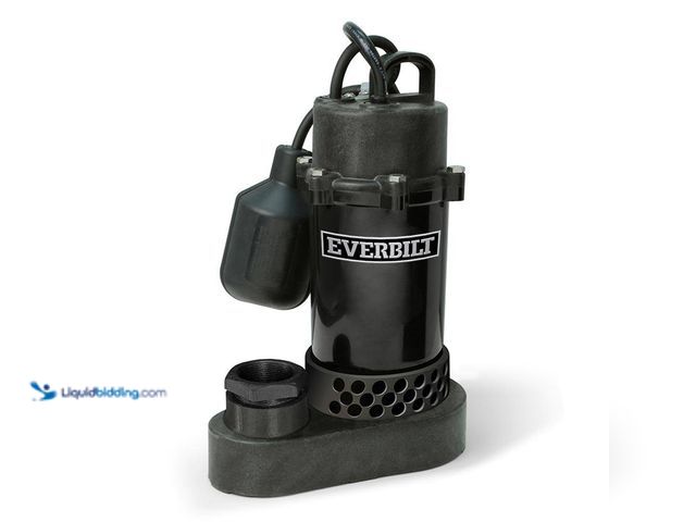 Lot 49-5482131 - Everbilt
1/4 HP Aluminum Submersible Sump Pump Tether Switch (unable to test) Unused
