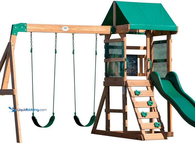 Lot 49-1516407 - (Box 2 of 2) Backyard Discovery Buckley Hill Cedar Wood Swing Set with Wave Slide, Play Deck, Rock W...