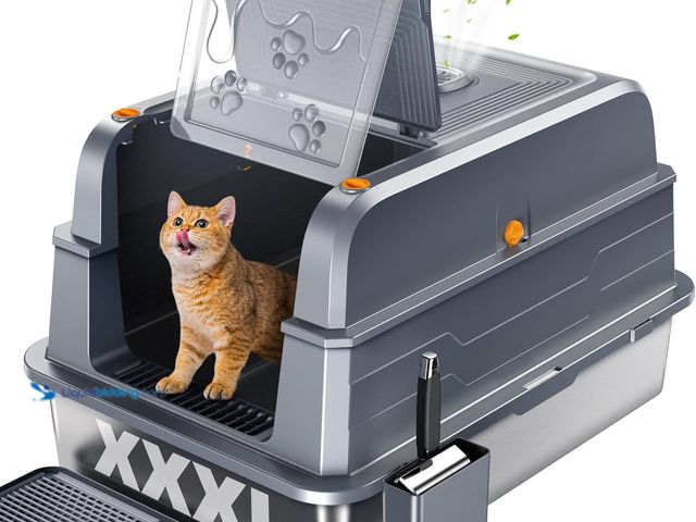 Lot 49-5437907 - 2025 XXXL Stainless Steel Cat Litter Box (152L) - Leak-Proof for High Pee Cats, 180° Flip Top Lid & ...