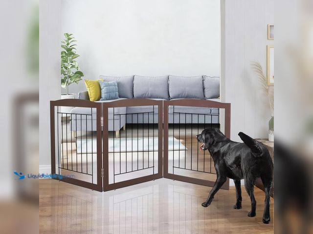 Lot 49-5463643 - ZJSF Freestanding Foldable Dog Gate for House Extra Wide Wooden Brown Puppy Gate Stairs Dog Gates Do...