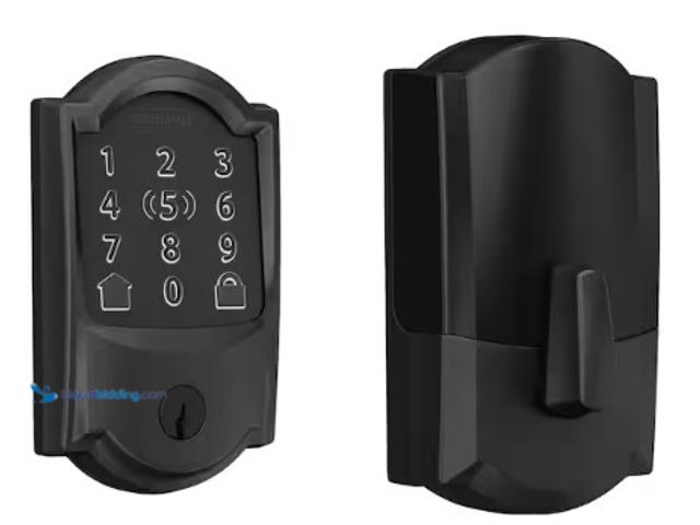 Lot 49-2022812 - Schlage Camelot Matte Black Electronic Encode Plus Smart WiFi Deadbolt with Alarm, Model # BE499WB C...