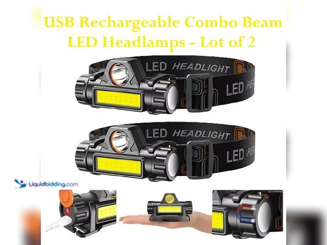 Lot 49-3435045 - Lot of 2 USB Rechargeable Combo Beam LED Headlamps - NEW - Dual light source design features XPE str...