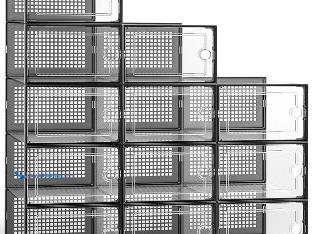 Lot 49-5572344 - Kuject 12 Pack Large Shoe Boxes, Clear Stackable Containers with Lids,Black. Model; B0BYS7SCXR. Unus...