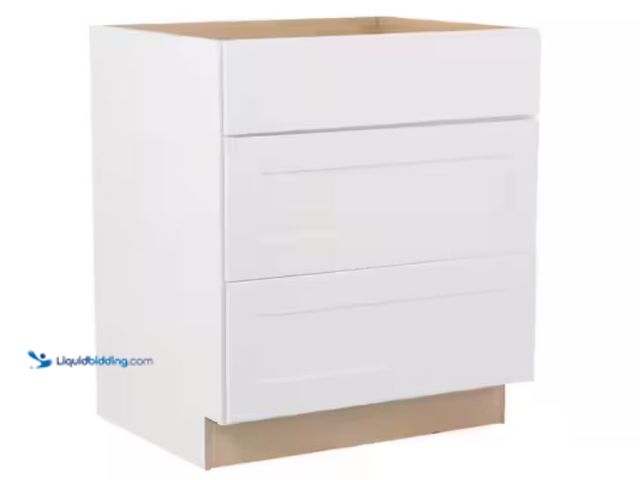 Lot 49-2005941 - Hampton Bay Shaker 30 in. W x 24 in. D x 34.5 in. H Assembled 3 Drawer Base Kitchen Cabinet in Satin...