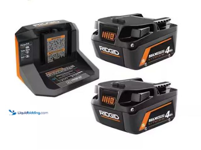 Lot 49-1565971 - RIDGID 18V MAX Output Starter Kit with (2) 4.0 Ah Batteries and Charger, Model # AC8609340SB, Unused...