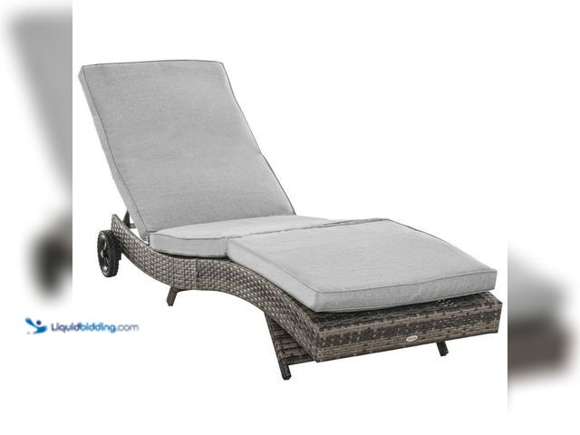Lot 49-5412870 - Outsunny
Grey Metal Plastic Rattan Outdoor Chaise Lounge Chair with Grey Cushions, 2 Wheels and 5 B...